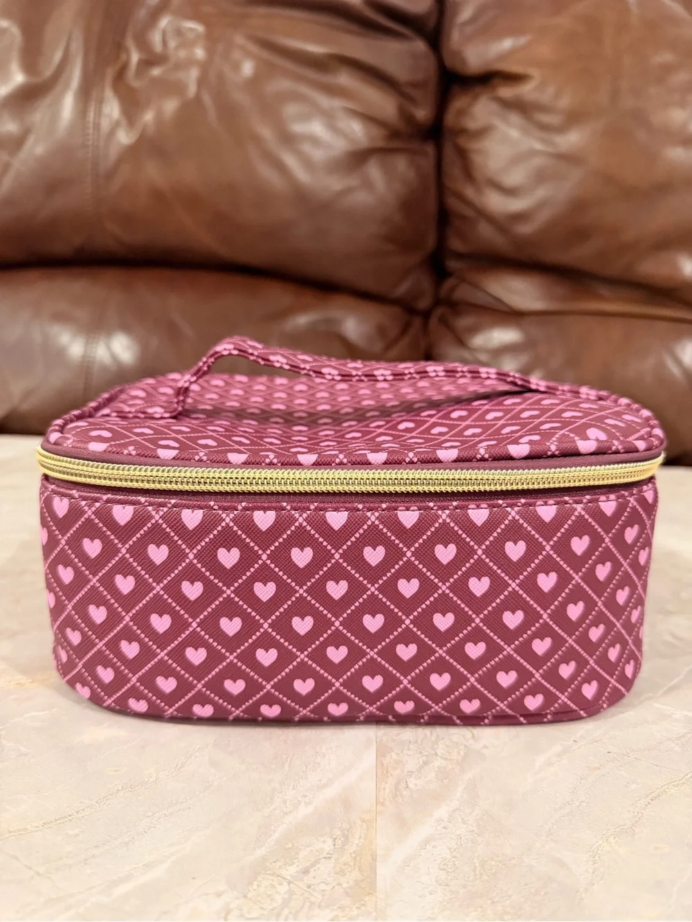 Under One Sky Pink Heart Pattern Makeup Bag with Gold Zipper
